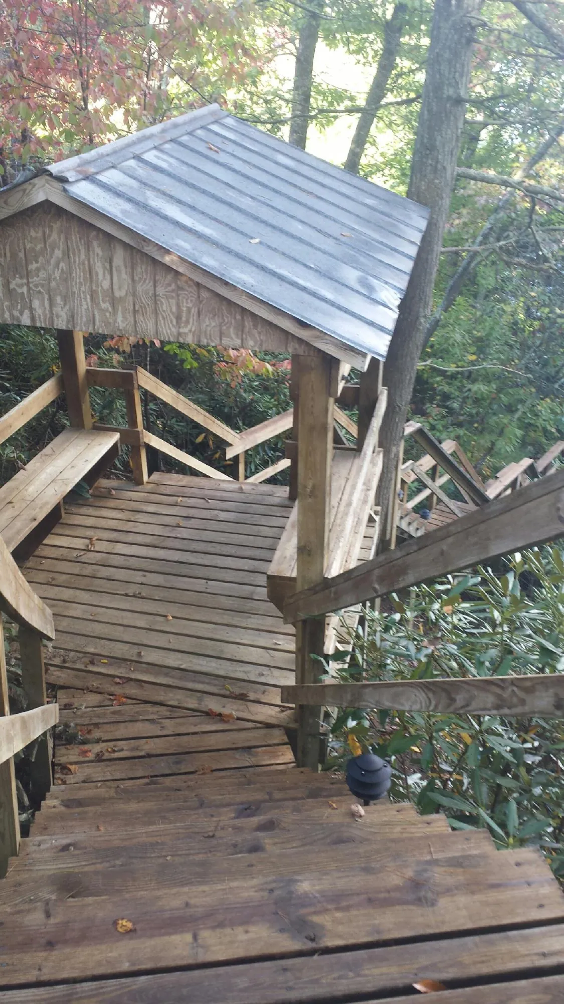 Metal roofed shelter over wooden steps on a wooded walkway — Skylight Repair & Installation work by our crew in Fort Smith